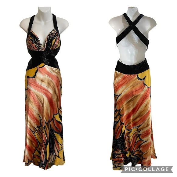 TERANI COUTURE Halter 100% Silk Dress Maxi Boho Sash Crisscross Back Size 2 - Picture 1 of 12
